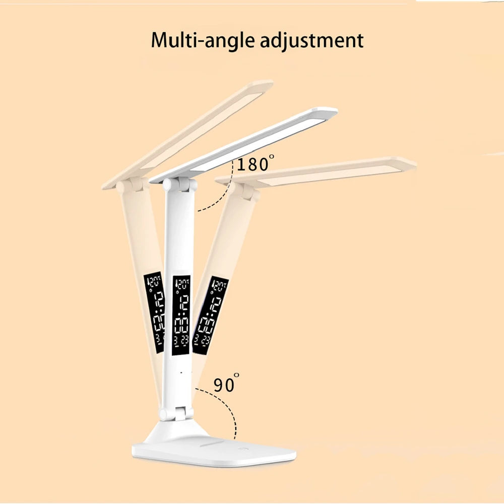 No-EN-Name-Null Smart LCD Display-Temperature-Time-Date Touch Switch Stepless Dimmable Warm-Cool White LED Lights White Plastic Rectangle Shaped Flat Head Long Stem Body-Base Desk Lamps