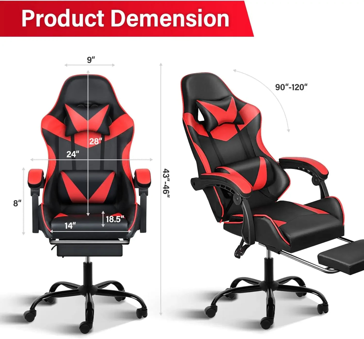 XMSJ Upholstered Padding Faux Leather Black-Red Body Retractable Footrest Customized Adjustable Height-Lumbar Support Gaming Chairs/ Neck Pillow Included