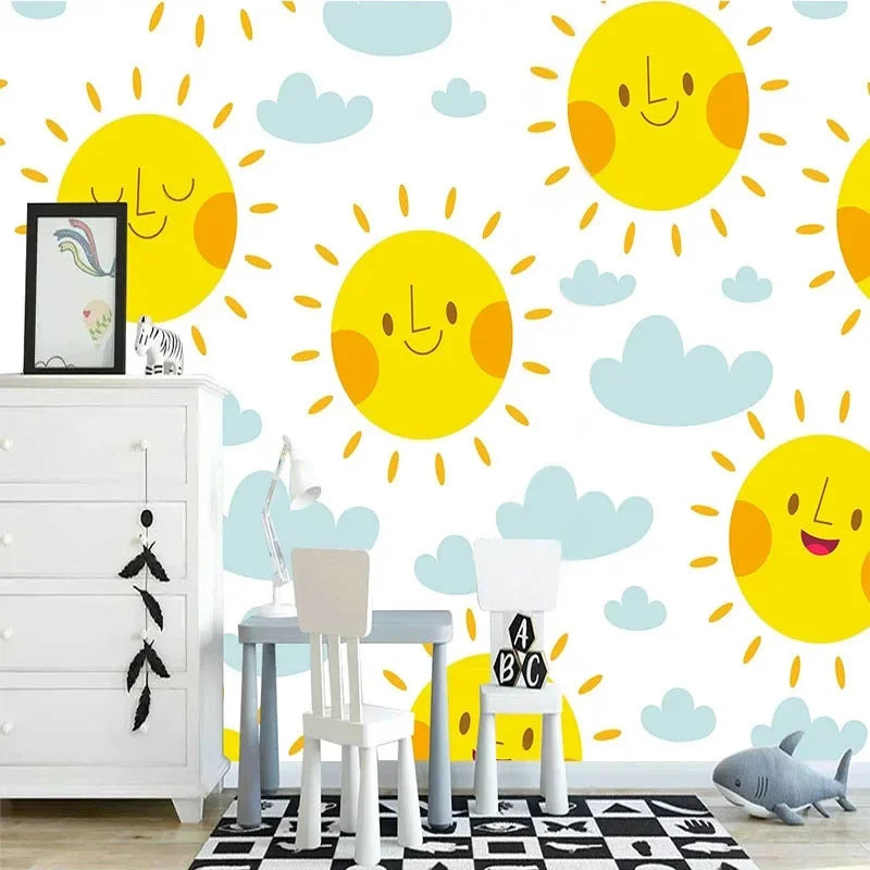 JIADOU Waterproof Custom Printed 3D Embossed Cartoons-Animals-Clouds-Sun-Starry-Sky-Nature Wood Fiber Wallpaper /Colors-Yellow/Blue/Multicolor/Animal/Requires Paste