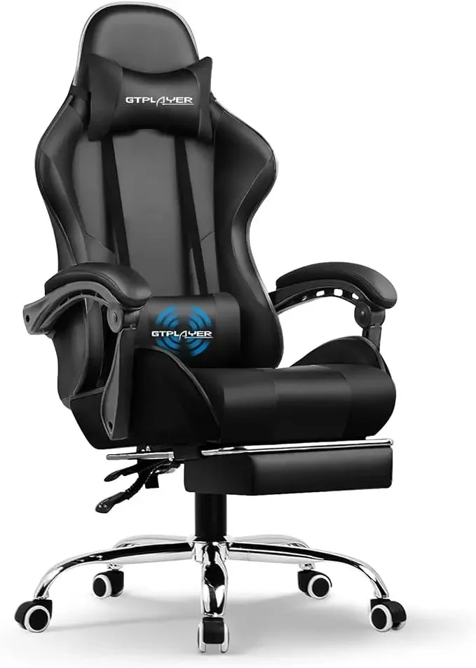 XMSJ Ergonomic Upholstered Padded Black Faux Leather Adjustable Headrest Neck-Back Massaging Lumbar Support Metal Frame Gaming Chairs/5 Plastic Wheels/Colors-Black/Purple/Gray/White/Multicolor