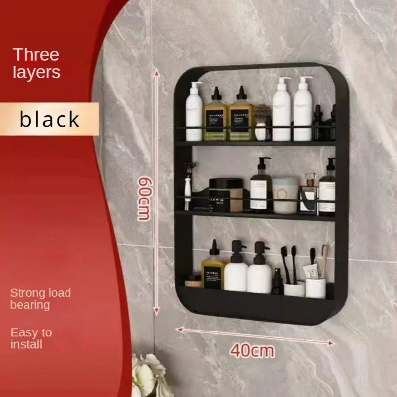 No-EN-Name-Null Modern White-Black Round Corners Vertical Rectangle Steel Metal Four Glass Shelves With Fence Bathroom Wall-Mounted Caddies/Ventilate-Drains