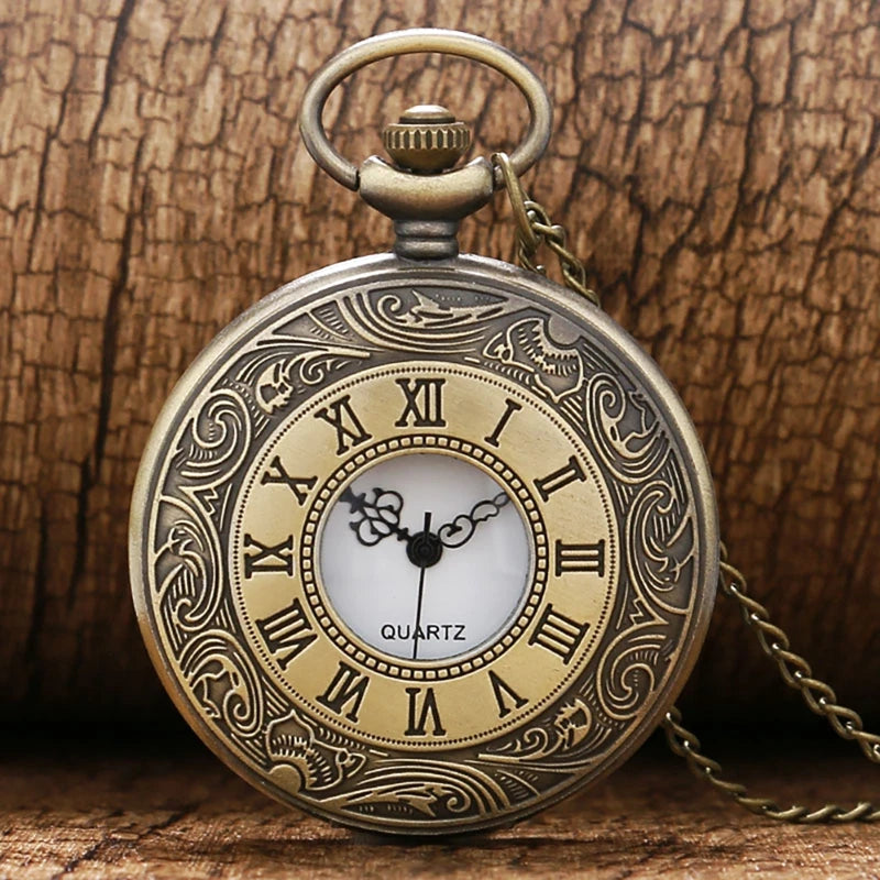 SOXY Adult Men Vintage Quartz Analog Display Glass Face Stainless Steel Metal Bronze Round Shaped Case White Face-Hollow-Out Roman Numeral On Front Design Arabic Numeral Inside Bronze Chain-Pocket Watches