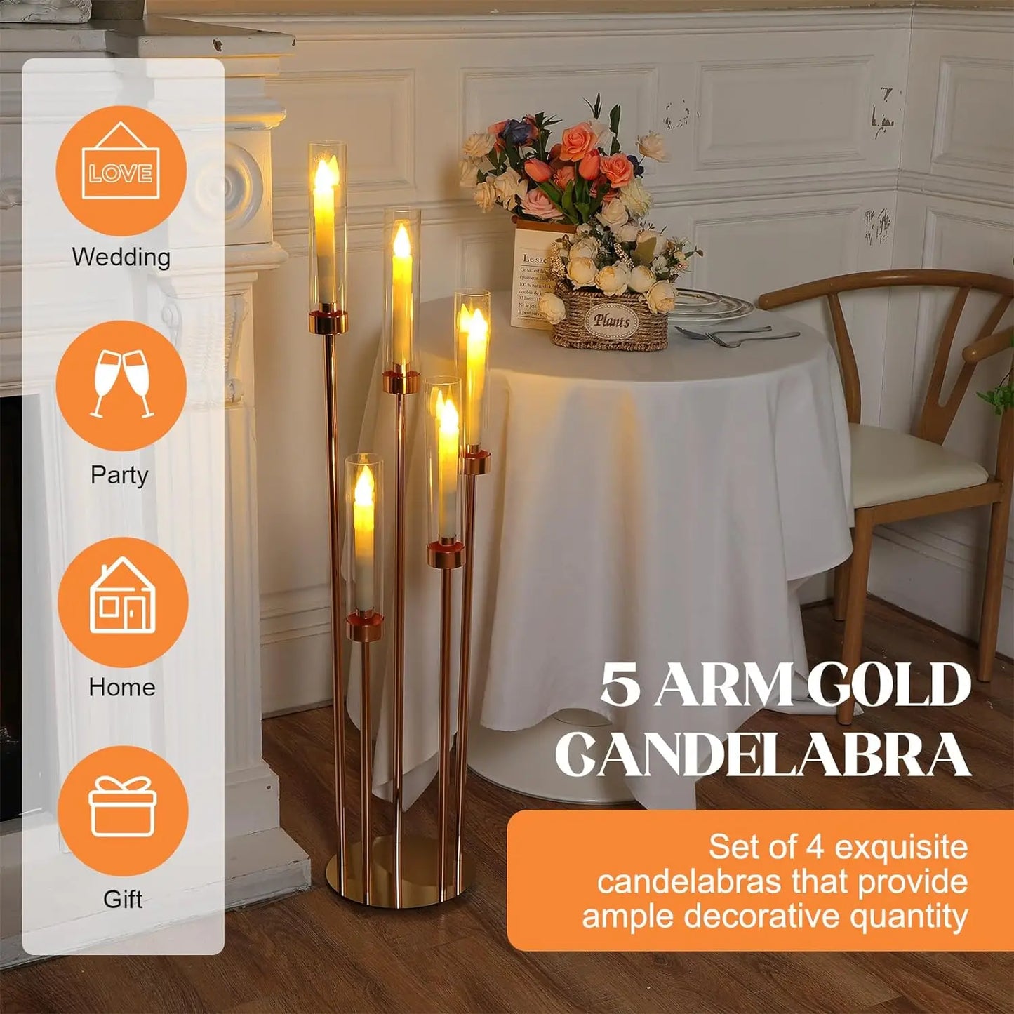 MS-MADE Elegance 4 PCS Tall Five Crowned Arms Gleaming Gold Metal-Acrylic Glass Shades Round Cylindrical Shaped Candelabra Wedding Floor Candle Holders
