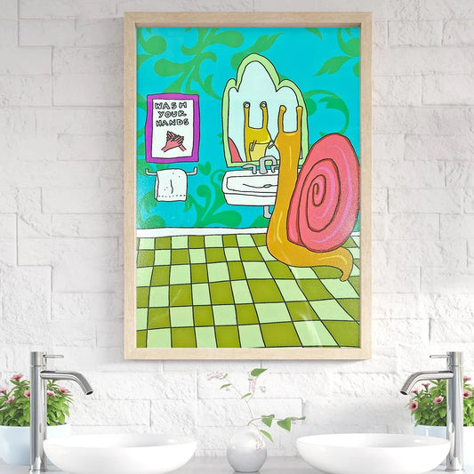 No-EN-Name-Null Modern Rectangle Unframed Canvas Cute Cartoon Funny Abstract Wash Your Hands Cute Snail Illustration Bathroom Wall Art Prints/Colors-White/Blue/Animal/Many SizesModern