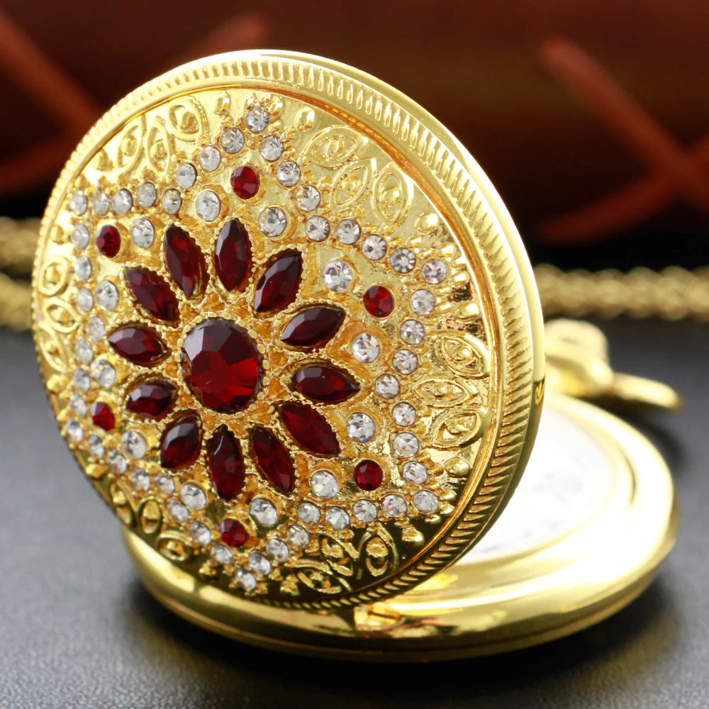 SHUHANG Adults Quartz Analog-Digital Display Gold-Red Ruby Stones On Front-Floral Design On Back Round Shaped Stainless Steel Metal Case Hardlex Face Necklace Chain-Pocket Watches