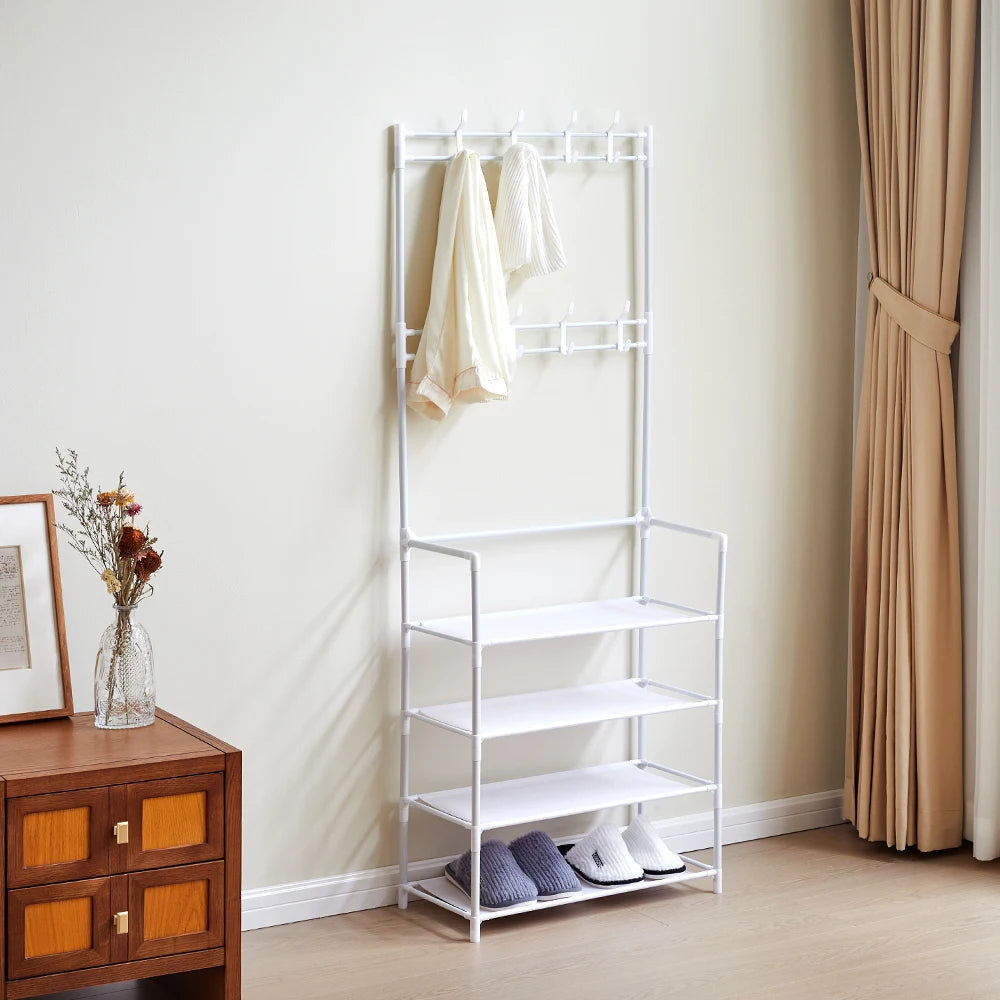 LIVING-HOME Entryway White Metal Frame Four Fabric Shelves Shoes-8 Coat Hooks Stands Storage Cabinets-Lockers /Dimensions: 60cm W x 28cm D x 158cm H