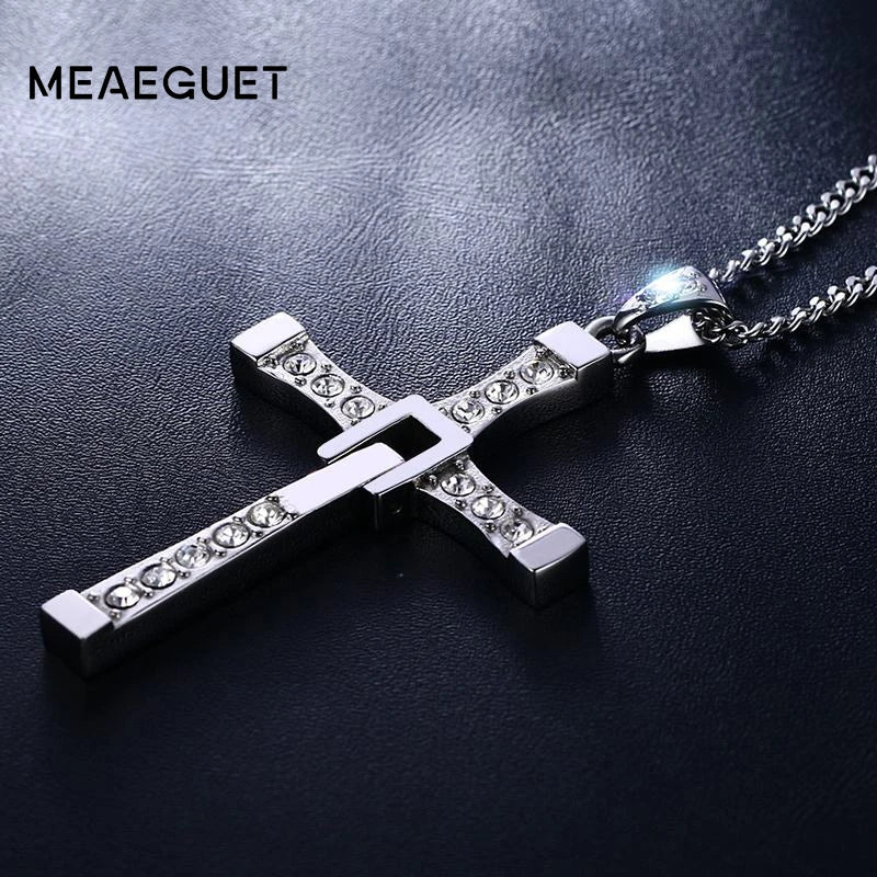 MEAEGUET Adult Unisex Fine Imitation Three Layer Silver-Plated Stainless Steel Silver-Black-Gold Colored Metal Clear White Shiny Cubic Zirconia Diamond-Like Gemstones Cross Pendant Chain Necklaces