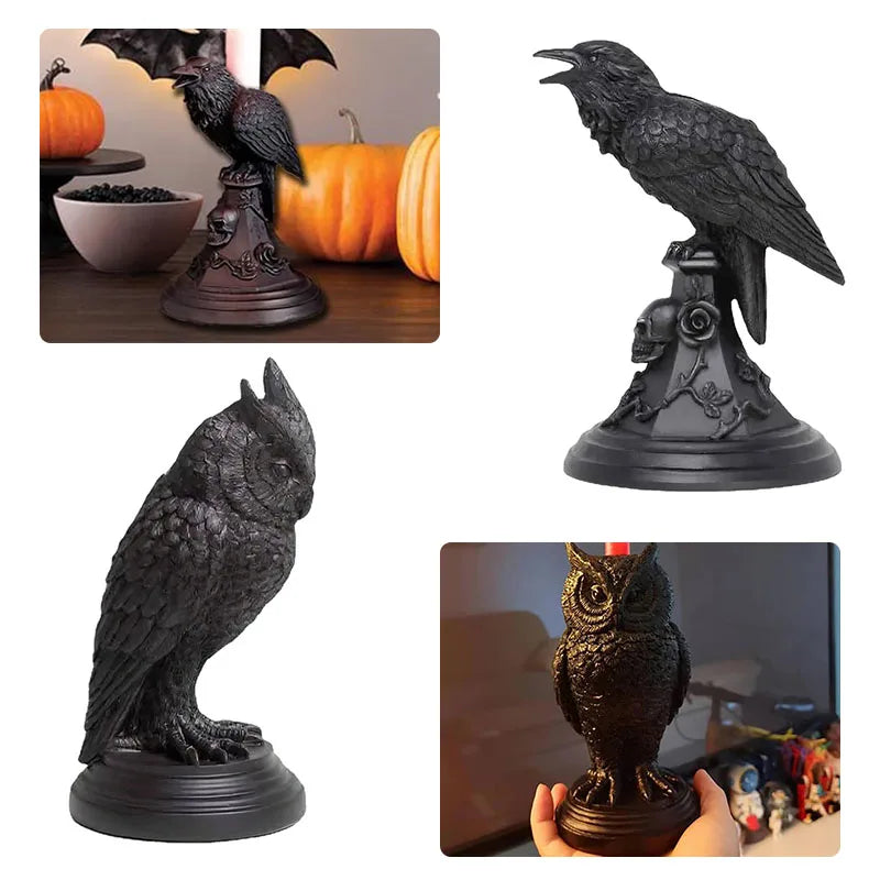 WHISM Classic Halloween Black Gothic Crow-Owl Bird Shaped Resin Candlestick Holder