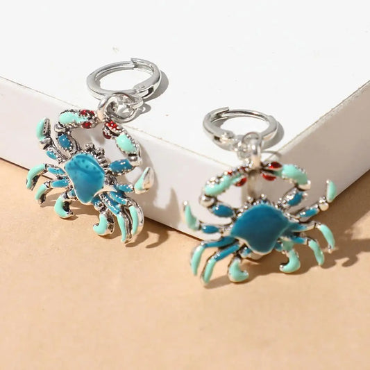 Adult Women-Teens Girls Iron Metal Blue Crab Shape Silver Colored Back Imitation  Drop Dangle Glossy Hook Earrings