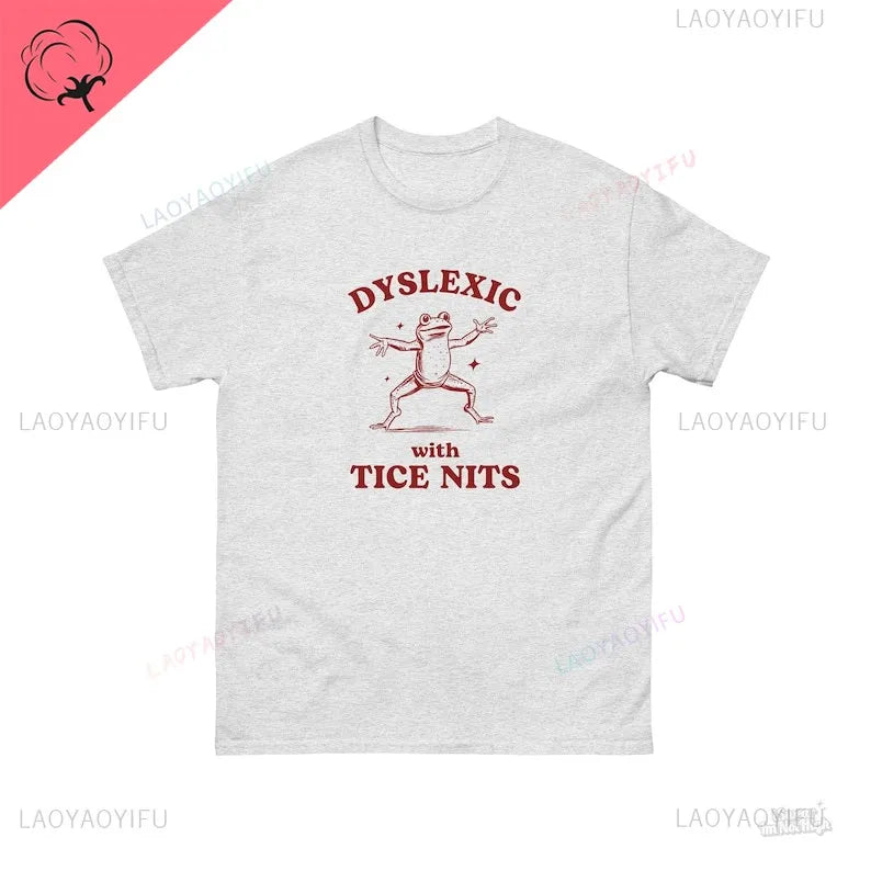 LAOYAOYIFU Men Customized Printed Round Neck Dyslexic Tice Nits Funny Cartoon Dyslexia Frog Pull-On Short Sleeve Broadcloth Moisture Wicking Cotton Fabric T-Shirts/Colors-White/Black/Red/Sizes XS-3XL