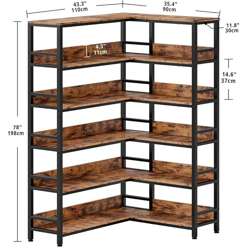 TONGYUE Indoor Modern Black-Brown Industrial Iron Metal Frame Engineered Wood Corner Bookcases-Shelves/Left Side- Size: 11.8" D x 43.3' W x 78" H/Right Side- Size:  11.8" D x 35.4" W x 78" H