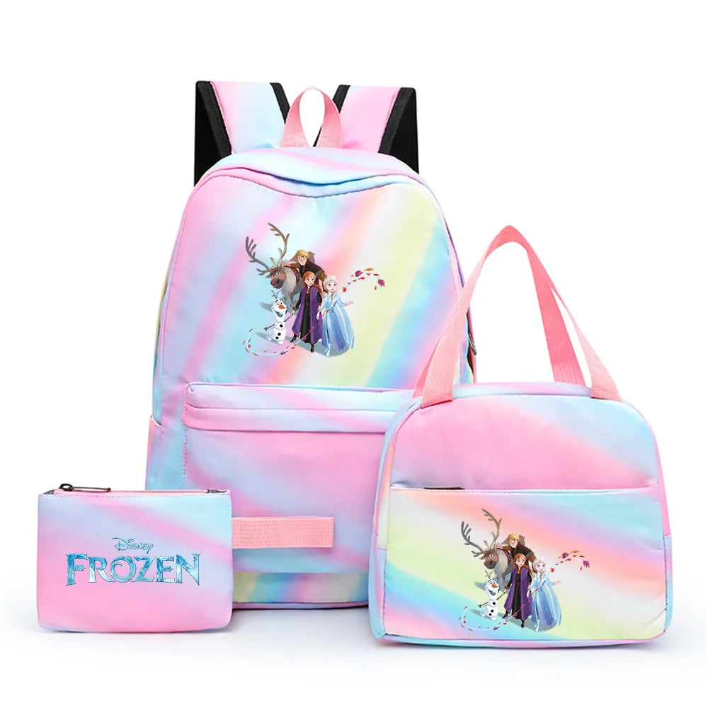 Disney Kids Cute Cartoon Frozen Movie-Elsa-Anna Multicolor Large Waterproof Nylon Fabric Zipper Pockets Shoulder Straps-Handle Single Compartment School Backpacks Sets/ Lunch Bag/Pencil Bag/Colors-Pink/Blue/Multicolor