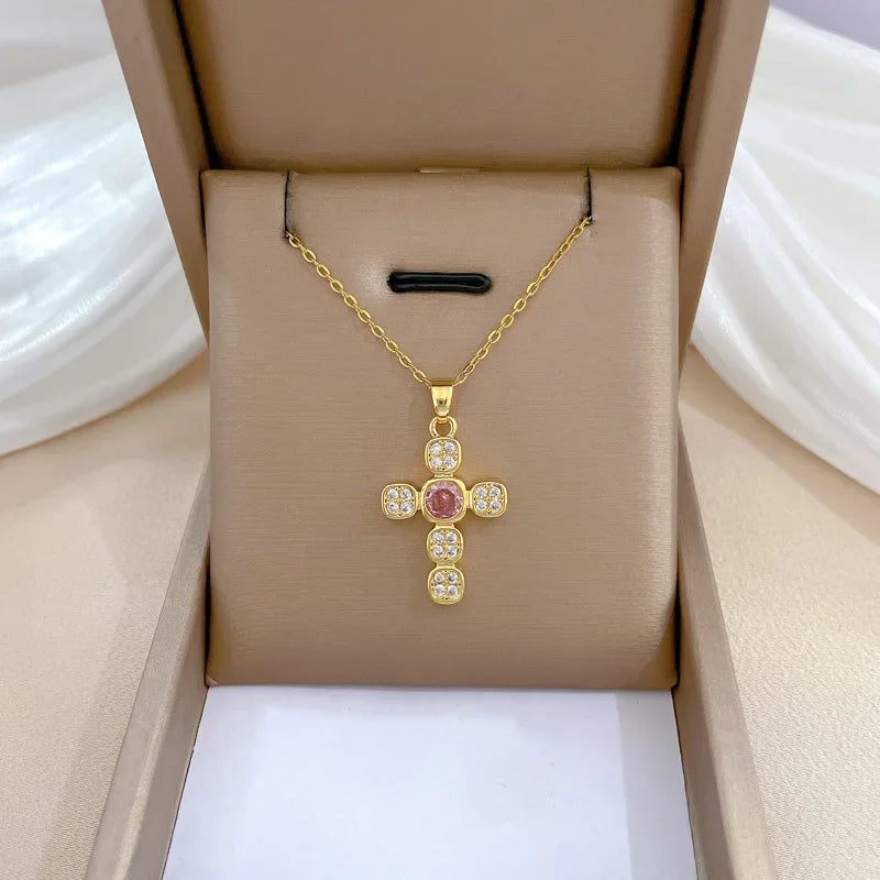 No-EN-Name-Null Women Fine Imitation Stainless Steel Gold-Plated Metal Cubic Zirconia All-Crystal Clear White Shiny Diamond Accents Stones Cross Pendant Necklaces/Colors-Brown/Clear/Green/Gold/Pink