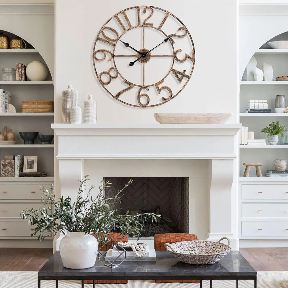 Large 3D Roman Numerals Wall Clock with Retro Metal Iron Round Shape. Accurate and Silent for Home Decoration
