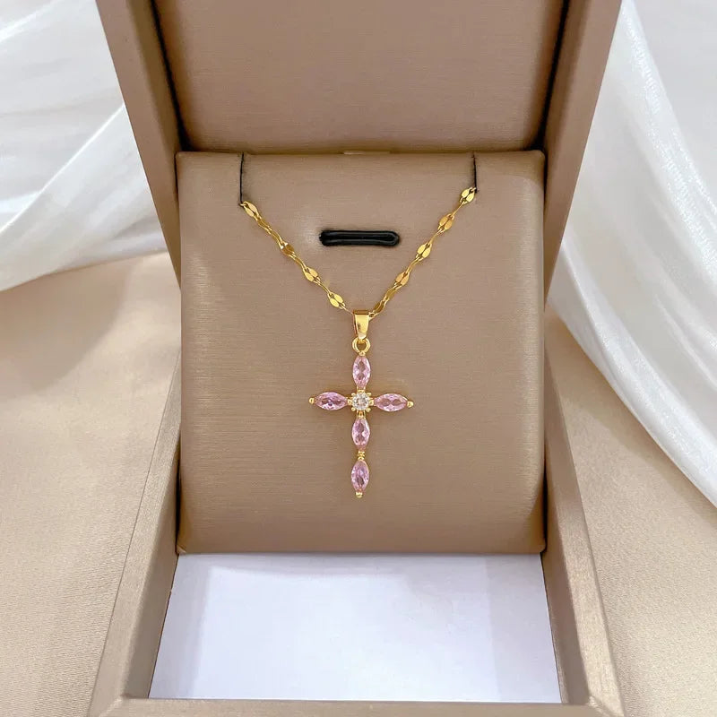 No-EN-Name-Null Women Fine Imitation Stainless Steel Gold-Plated Metal Cubic Zirconia All-Crystal Clear White Shiny Diamond Accents Stones Cross Pendant Necklaces/Colors-Brown/Clear/Green/Gold/Pink