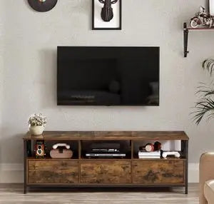 VASAGLE Industrial Adjustable Angle Brown Rectangle Top Black Steel Metal Frame Low Entertainment Centers-TV Stands/ 3 Drawers/ 4 Adjustable Feet/Holds TV Up To 65 Inch/ X-Shaped Struts/ Size: 147 L x 40 W x 50 H cm