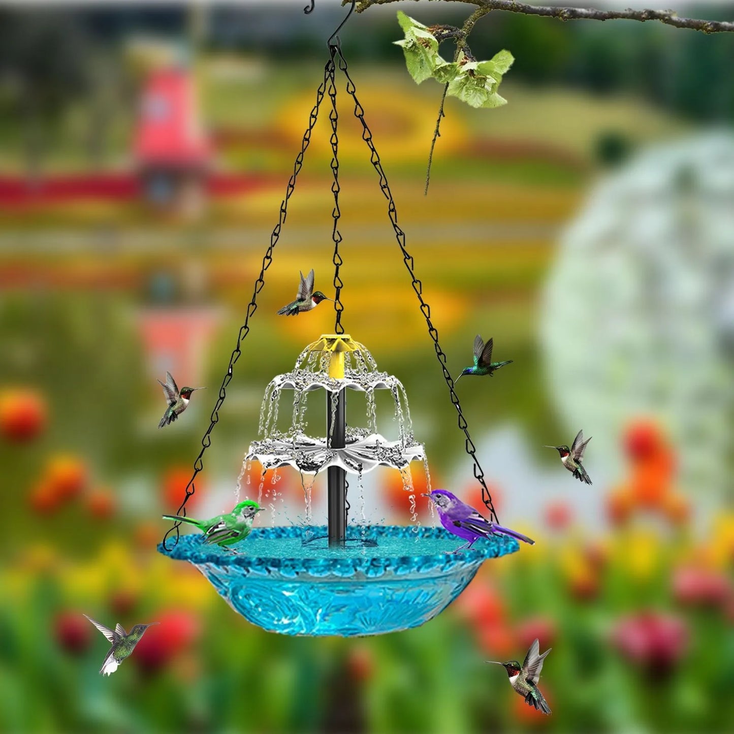No-EN-Name-Null Outdoor Hanging Bird Bath Black Metal Chains Plastic Blue Floral Bowl Body Solar-Powered Multi-Functional Water Basin Bird Bath-Feeder-Drinking Bird Baths/ Colors-Blue/Black/Yellow/Floral