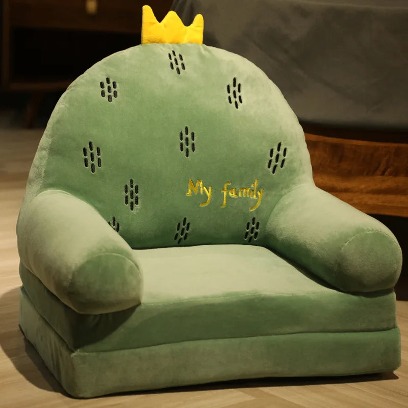 MDNG Modern Kids Customized Upholstered Padding Cute Soft Gray Velvet Fabric Cartoon Animal Faces Folding-Out Play Arm Chairs/Sponge Filling/Colors-Green/Pink/Yellow/Gray/Animals