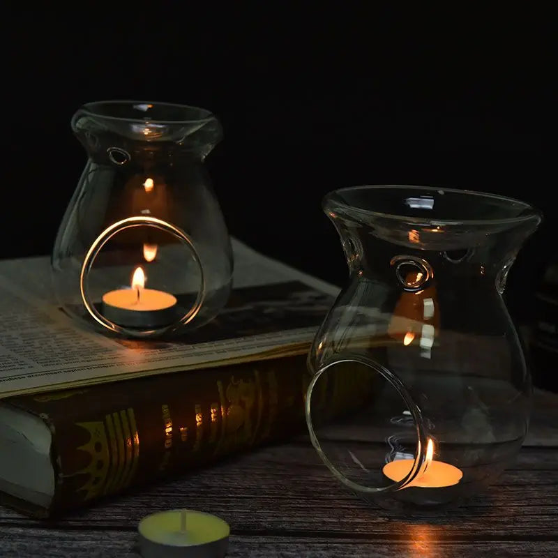 YOWEI Nordic Modern Blow Clear Crystal Borosilicate Glass Iron Tealight Candle Heat Resistant Oil Aroma Burner Candle Holders