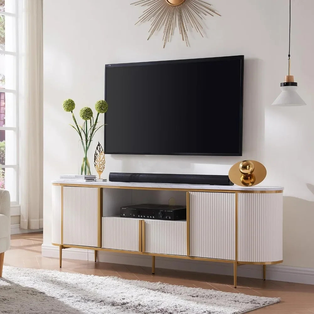 No-EN-Name-Null Modern Adjustable Dimensions Cable Managing-White Fluted Gold Metal Accents Curved Profile Design Entertainment Centers-TV Stands /Holds TVs Up to 80 inches/Colors-Navy Blue/White/Natural Oak