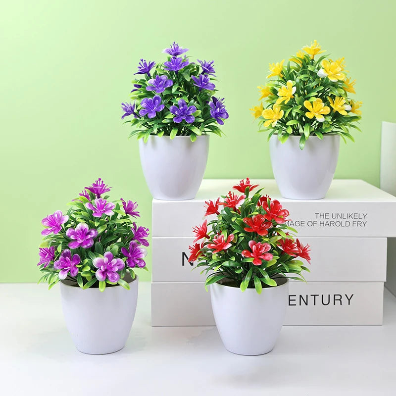 Plastic Artificial Flowering  Five Leaf Plum Mini Potted Plants/Colors-Floral/Purple/Yellow/Red/White