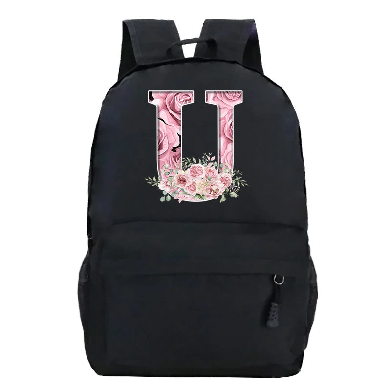 No-EN-Name-Null Waterproof Large Black Softback Nylon Fabric Printed Floral Pink Rose First Name Initial Letter Curved Back Zipper Canvas Lining Built-In Laptop Compartment Shoulder Straps-Handle Zippered External Pockets School Backpacks