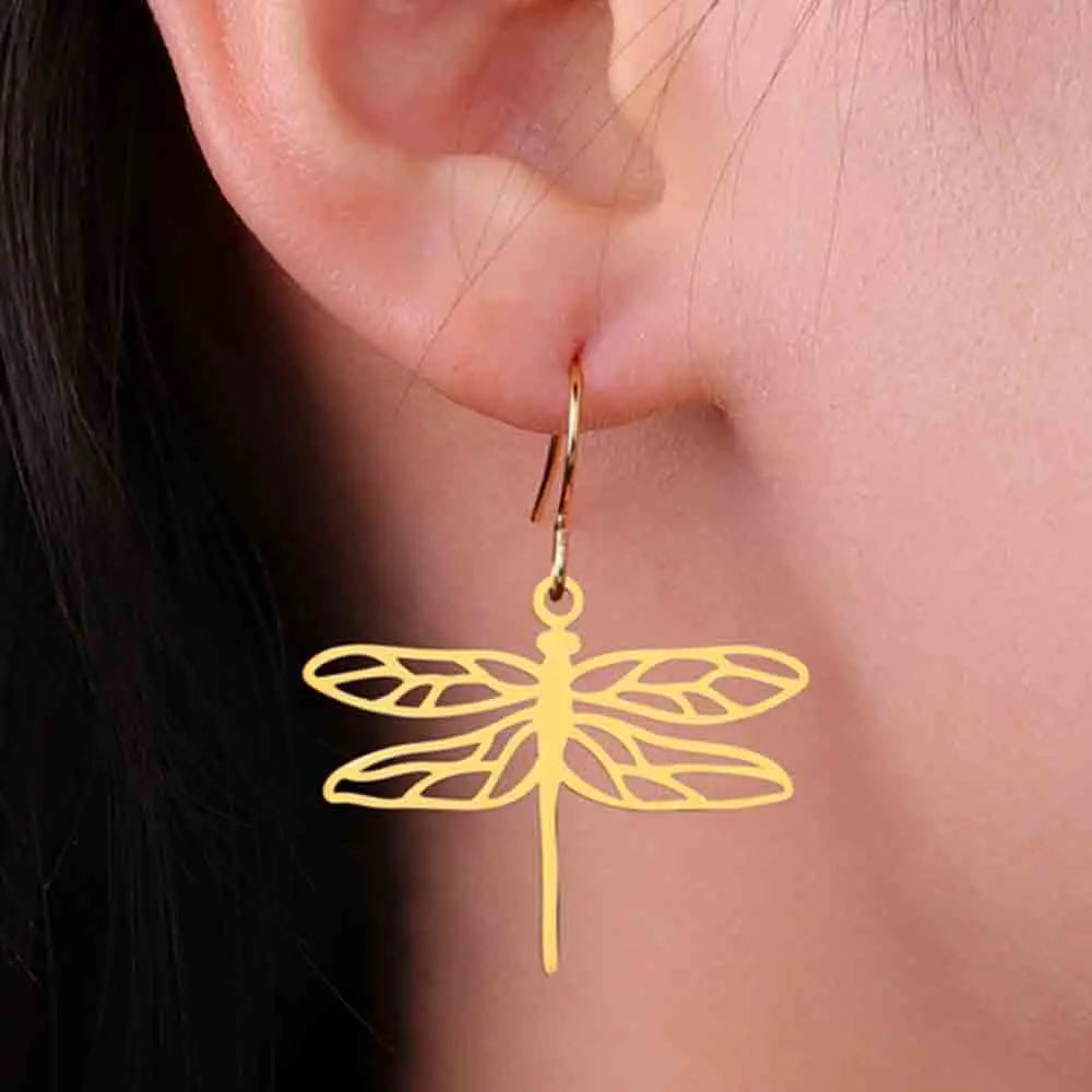 My Shape Dragonfly Earrings for Women Girls Gold Color Stainless Steel Dangle Earrings Hoop Earrings Insect Fashion Jewelry Gift
