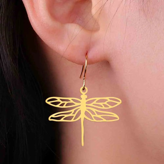 My Shape Dragonfly Earrings for Women Girls Gold Color Stainless Steel Dangle Earrings Hoop Earrings Insect Fashion Jewelry Gift