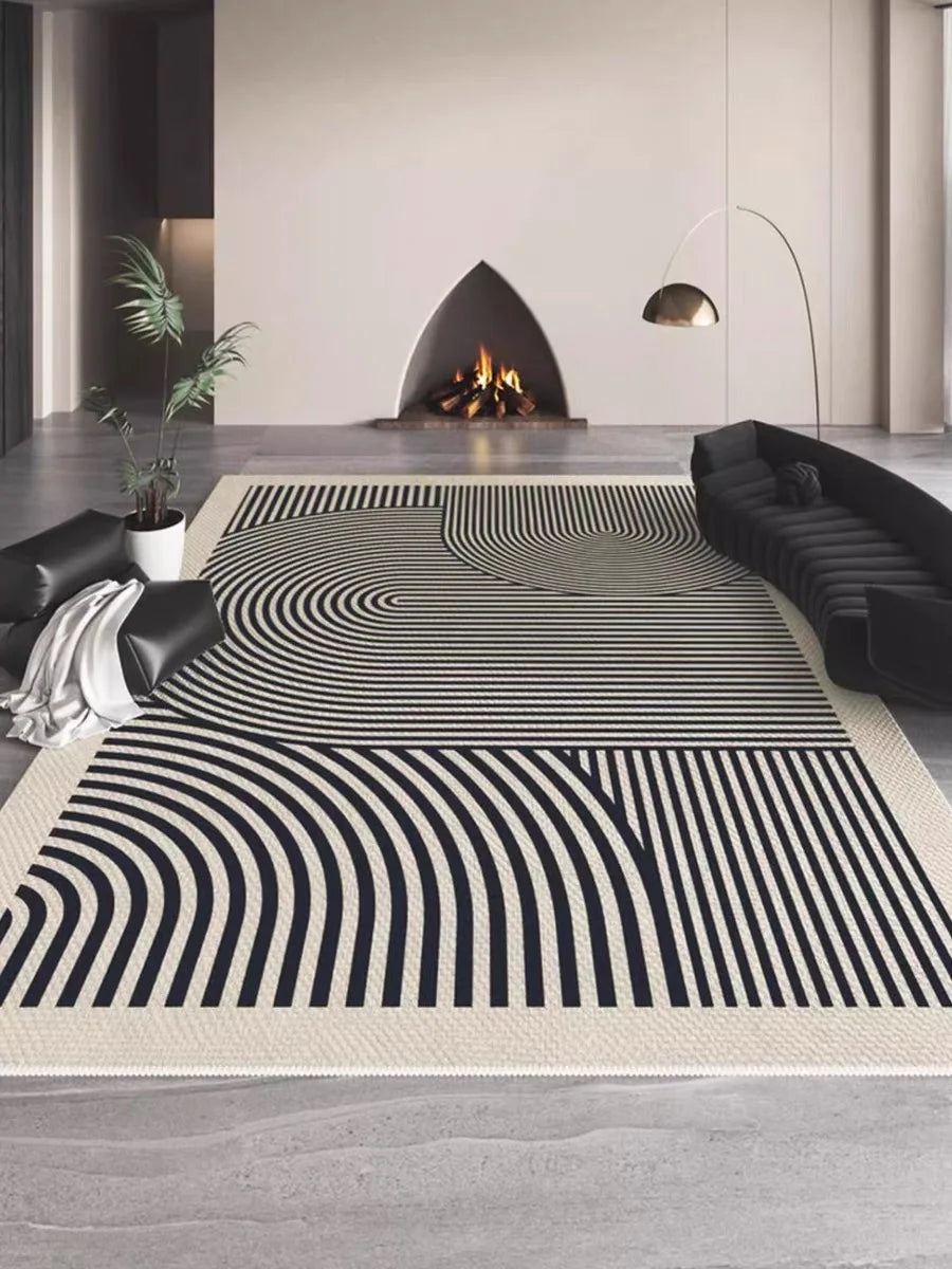 VIKAMA Modern Indoor-Outdoor Machine-Made Customized Rectangle Shaped Polyester Fabric Geometric White-Black Striped Crystal Short Velvet Cut Hand-Machine Washable Rugs
