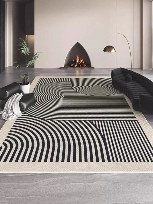 VIKAMA Modern Indoor-Outdoor Machine-Made Customized Rectangle Shaped Polyester Fabric Geometric White-Black Striped Crystal Short Velvet Cut Hand-Machine Washable Rugs