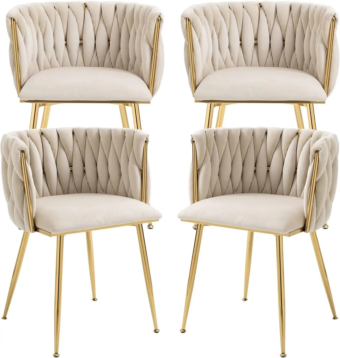 4 pcs Velvet Curved Backrest Woven Upholstered Padded Cushion Tufted Dining Chair Set w/ 4 Gold Metal Legs/Colors-Beige/Gold/Gray/Yellow/Black