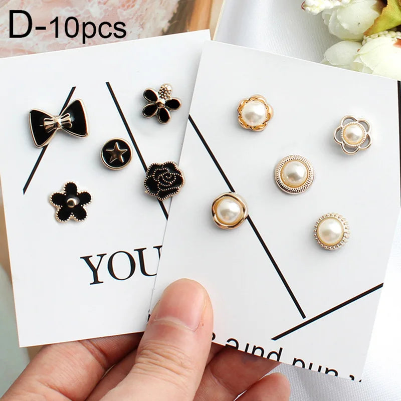 10pcs Button Brooch Set Imitation Pearl Rhinestones Pin Coat Clothes Accessories Gift Prevent Exposure Brooches for Women