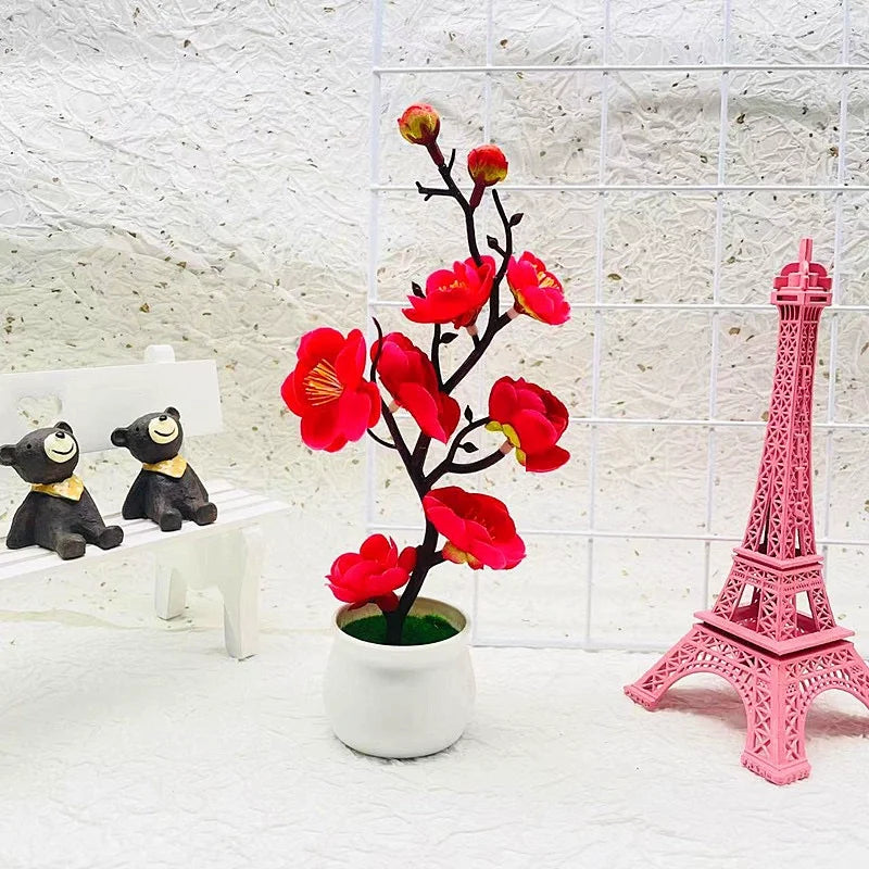 Small Plastic Artificial Realistic Red Bonsai Rosales Flowering Plum Blossom Potted Plants