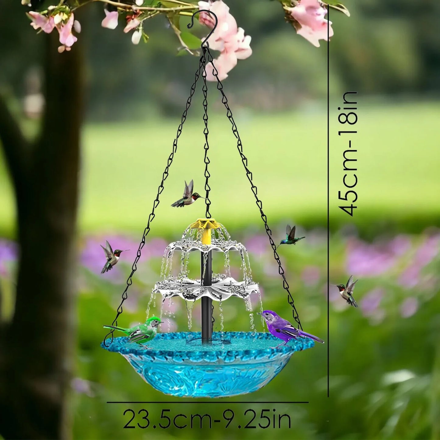 No-EN-Name-Null Outdoor Hanging Bird Bath Black Metal Chains Plastic Blue Floral Bowl Body Solar-Powered Multi-Functional Water Basin Bird Bath-Feeder-Drinking Bird Baths/ Colors-Blue/Black/Yellow/Floral