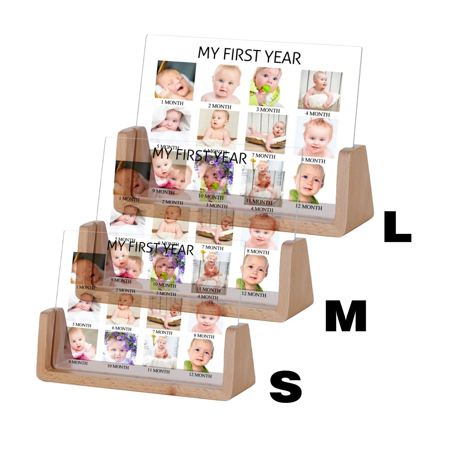 Rectangle Beech-Walnut Wood Trim Acrylic Plate Personalized My First Year Picture Frames/Sizes: S-6 x4 inch-M-7 x 5 inch-L-8 x 6 inch /Colors-Brown/Beige