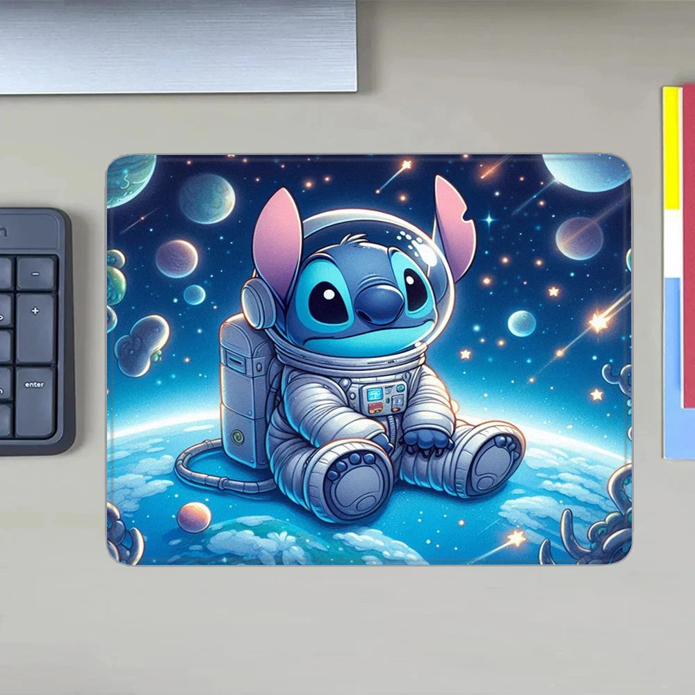 MINISO HD Printed Non-Toxic Small Blue-Multicolor Rectangle Thermal Transfer Anime Cartoon Stitch-Lilo In Space-Planets-Stars Themes Soft Non-Slip Natural Rubber Bottom Sealing Edges Computer Gaming Mouse Pads