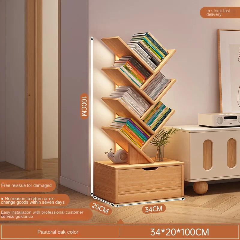 OMGD Modern Brown Wood-Panels One Drawer Box Base Free-Standing Living Room Small Tree-Like Shelves-Ladder Bookcases/Colors-Blue/Brown/White