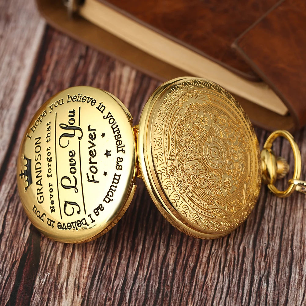 YISUYA Adults Quartz Analog Display Round Gold Metal Alloy Case Acrylic Face Engraved To My Grandson Never Forget That I Love You Forever Design Gold Chain-Pocket Watches /Colors-Bronze/Gold/Black