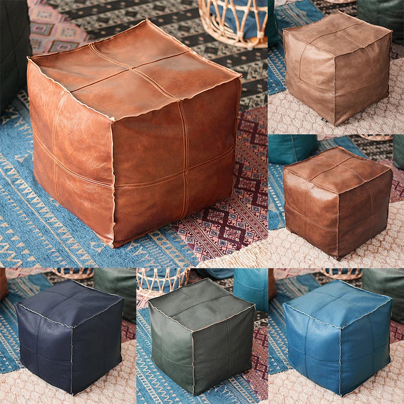 No-EN-Name-Null Modern Moroccan Square Cotton-Polyester-Feathers Fillers Synthetic Faux Leather Upholstery Removable Ottoman Pouf COVERS /Colors-Brown/Green/Gray/Blue/Geometric