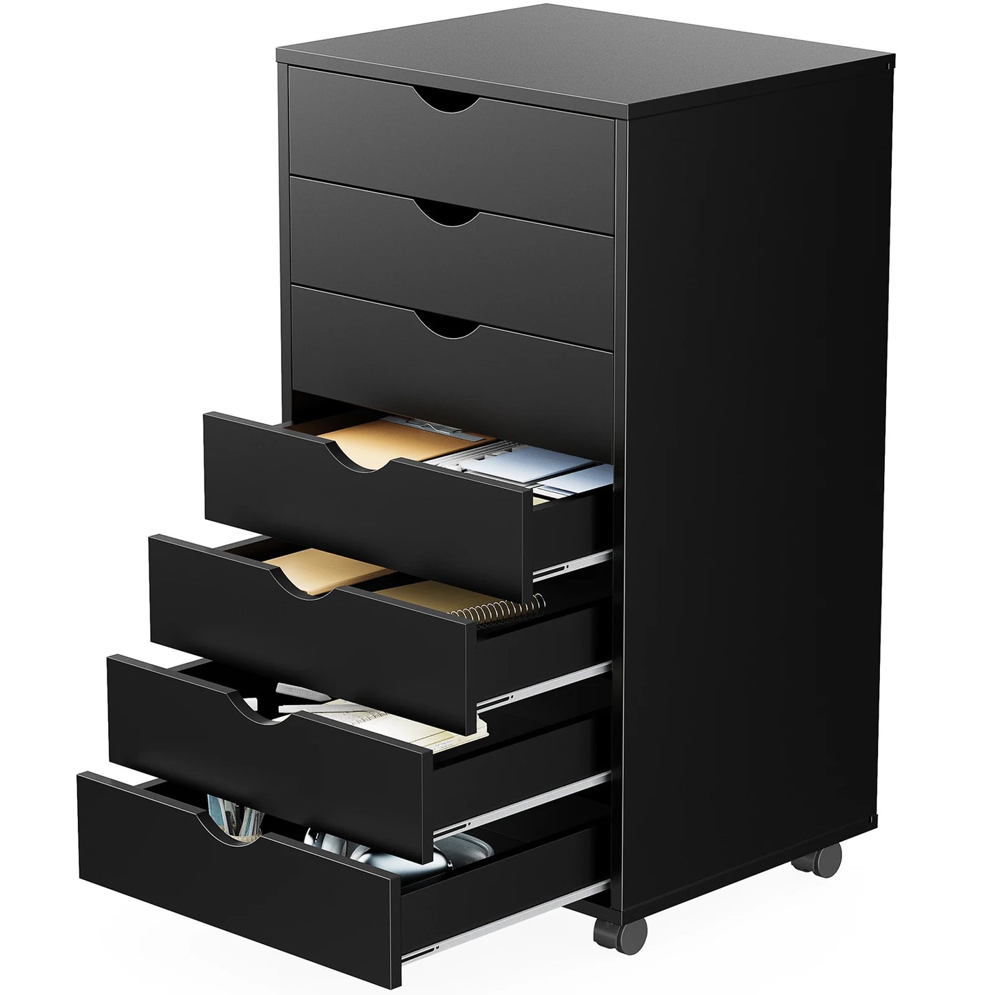 JHK Modern Tall Large White-Black Wood Metal Sliding Seven Drawers Two Brakes Four Black Plastic Locking Wheels Dressers/Sizes: L 15.75 x W 18.74 x H 34.25 Inch/Metal Gliding Fixtures On 7 Drawers