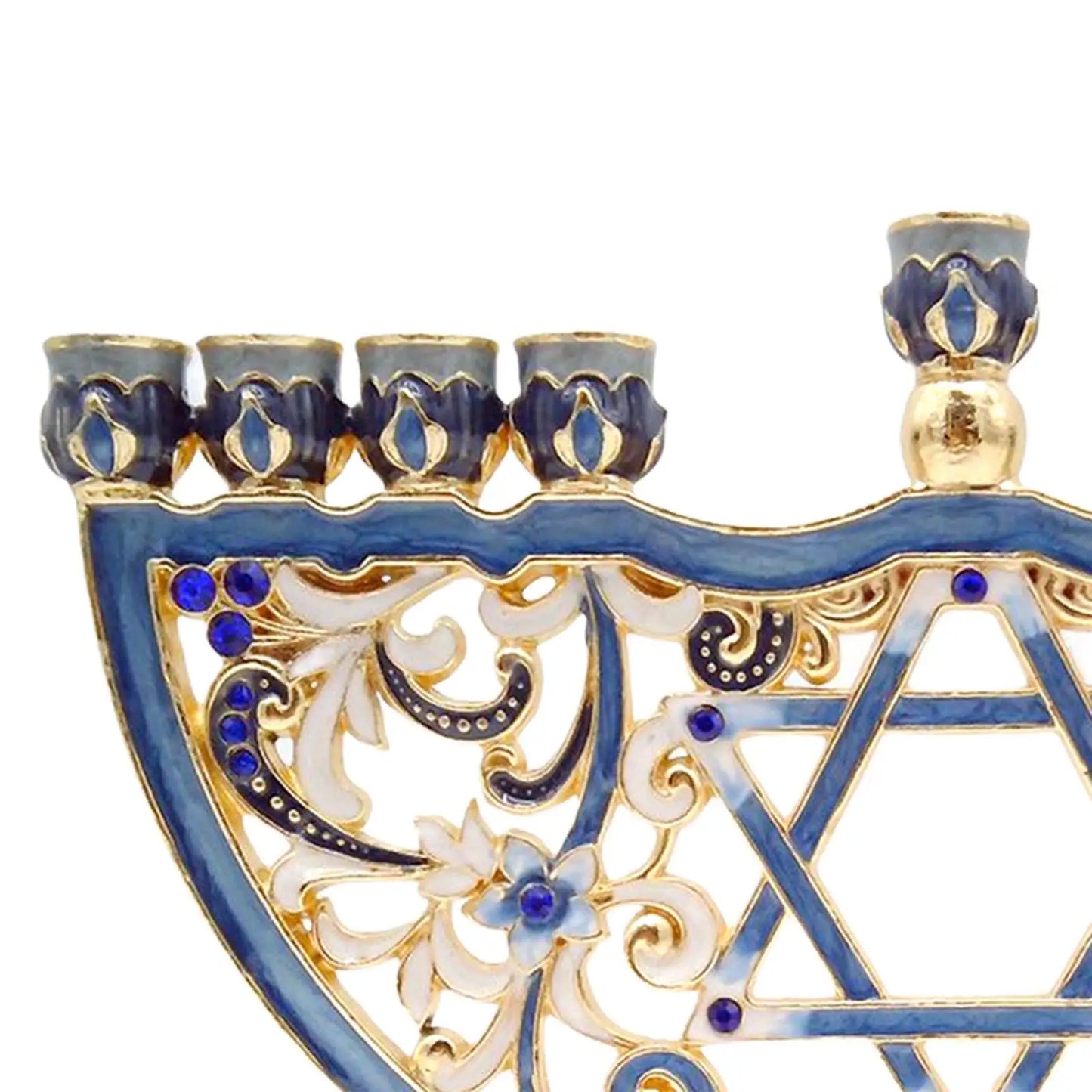 No-EN-Name-Null Antique Hand-Painted Bejeweled Menorah Jewish Nine Floral Branch Enameled Metal Candelabras/Colors-Green/Blue/Floral