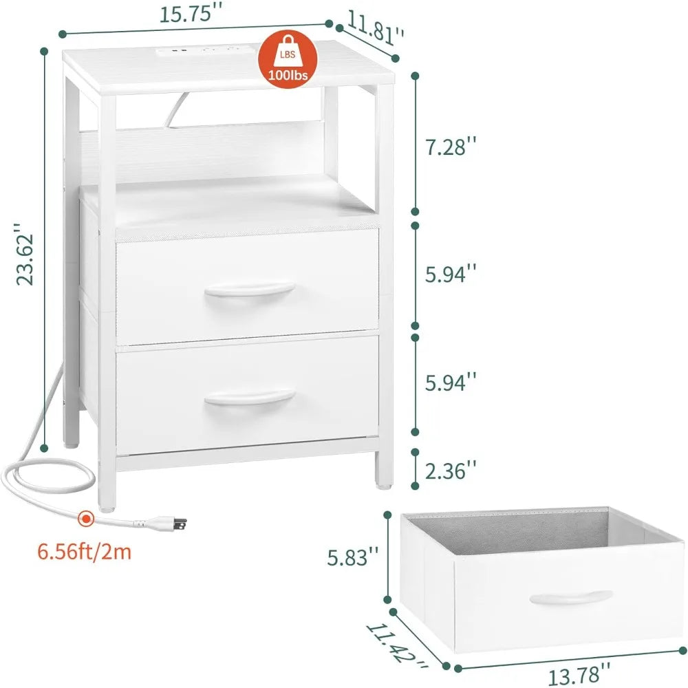 MATE BIRDS White Small Open Shelf LED Lighted Charging Station Two Fabric Drawers Side Nightstands/ 2 USB Ports/2 AC Outlets/Dimension: 15.7"L × 11.8"W × 23.6"H/Holds Up To 100lbs