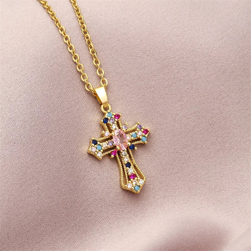 No-EN-Name-Null Women European-American Stainless Steel Gold-Plated Metal Imitation Jewelry O-Chain Shiny Clear White Diamond-Like-Multicolor Gemstones Large Punk Cross Pendant Necklaces/Colors-Multicolor/Clear/Pink/Gold/Geometric