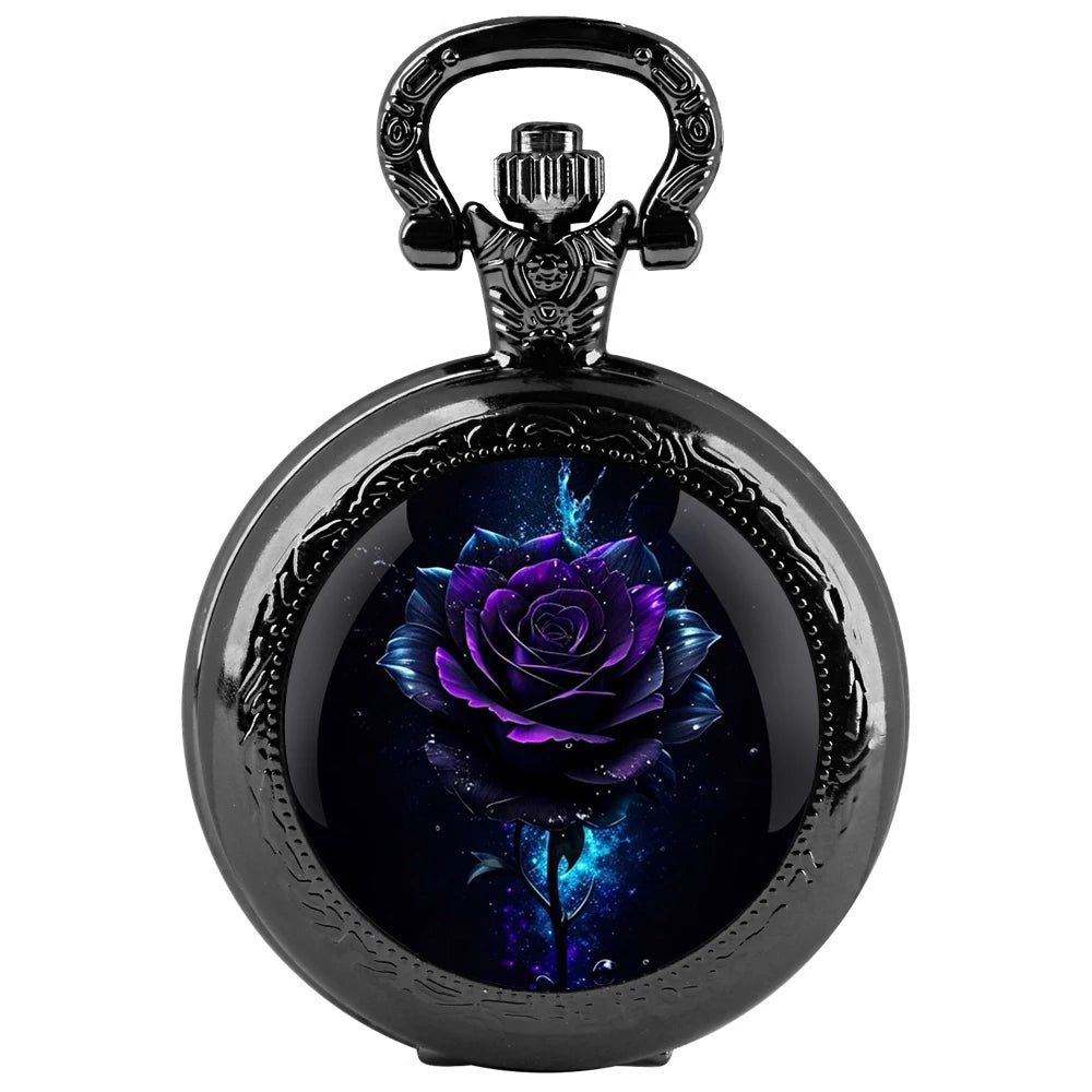 SHUHANG Adults Antique Quartz Digital Display Black Round Shaped Stainless Steel Metal Case Acrylic Face Painted Red Rose Green Leaves Design Black Chain-Pocket Watches