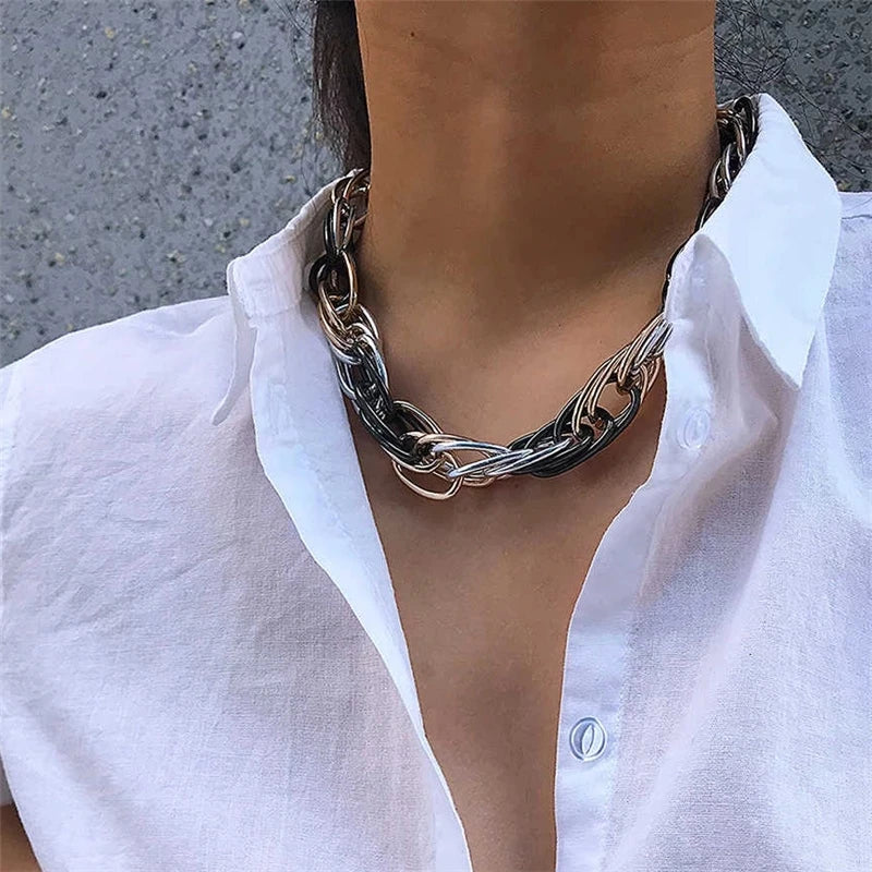 INGEMARK Adult Women Imitation Gold-Silver-White Round Aluminum Metal Punk Hip-Hop-Rock Chunky Thick Link Chain Mood Tracker Choker Lock Pendant Necklaces