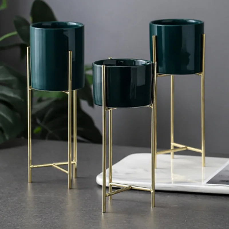 No-EN-Name-Null Indoor White Ceramic-Enamel Pot-Nordic Black Wrought Iron Metal Frame Base Round Shaped Flowerpots Planters /Colors-Gold/Green/White/Black