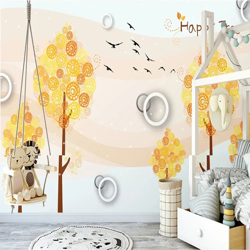 JIADOU Waterproof Canvas Peel-N-Stick 3D Cute Cartoon Yellow-Orange Round Circle Leaves Trees-Black Birds 2 Closed Eyes-Lashes Design Paper Back-Vinyl Mural Wallpapers/Colors-Yellow/White/Green/Orange