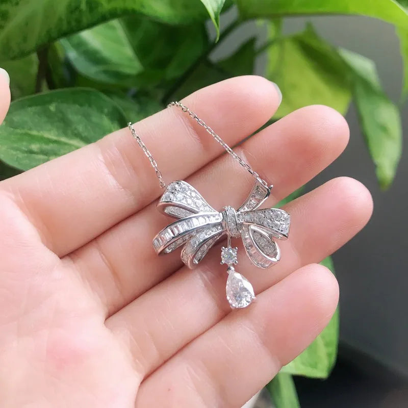 Follow-Cloud Adult Women Fine Sterling Silver Gold-Plated Metal Handmade Teardrop Moissanite In The Center Shiny Bowknot Circle Pendant Round Clear White Imitation Diamond Stone Necklaces