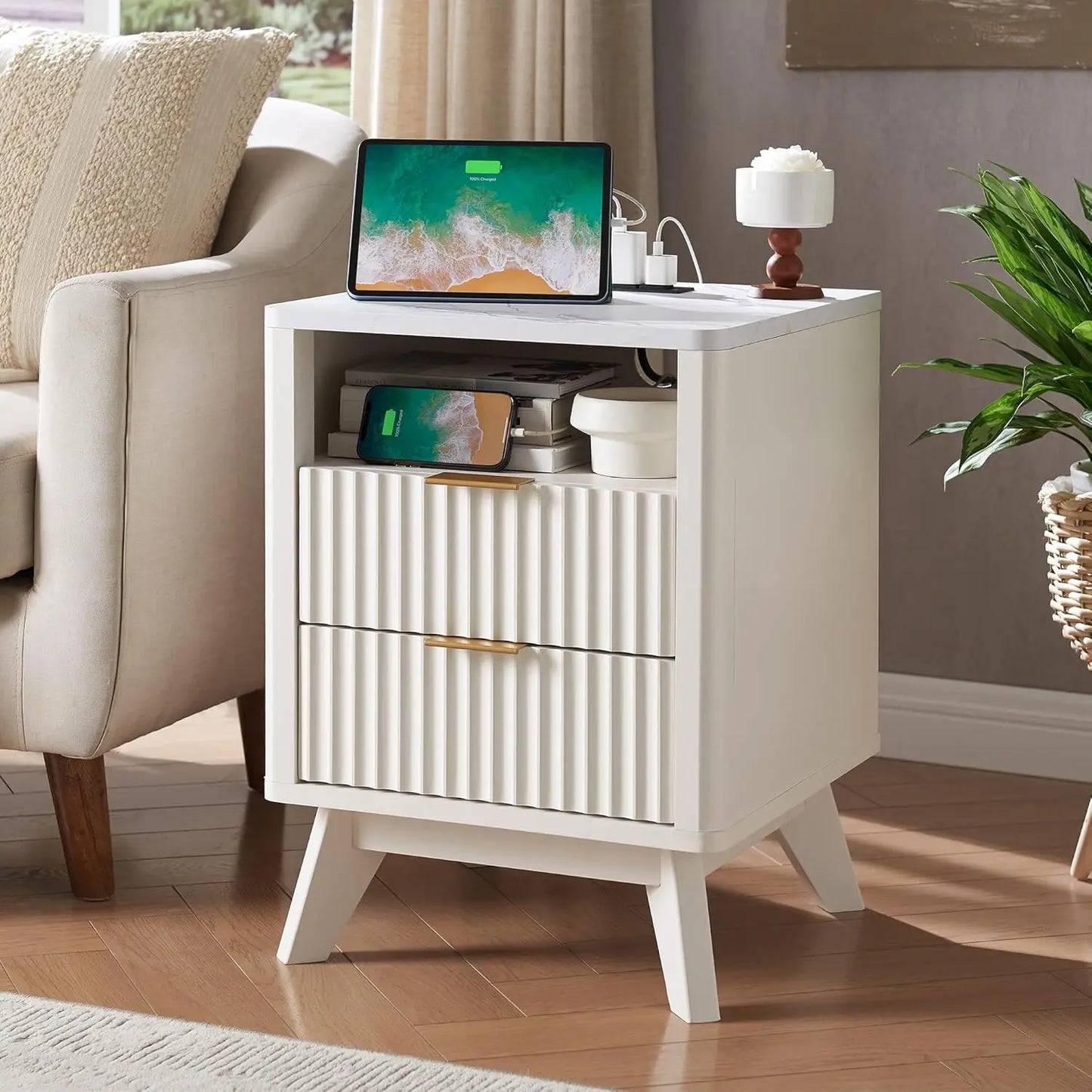 ANGDUO White Faux Marble Top-Fluted Oak Wood Earth-Tone Veins Nightstands/Charging Station 2 AC outlets- 2 USB ports  / 2 Drawers /Dimensions: 18"D x 18"W x 24"H/ Colors-Natural Oak, Dark Walnut, Dark Gray, Solid White