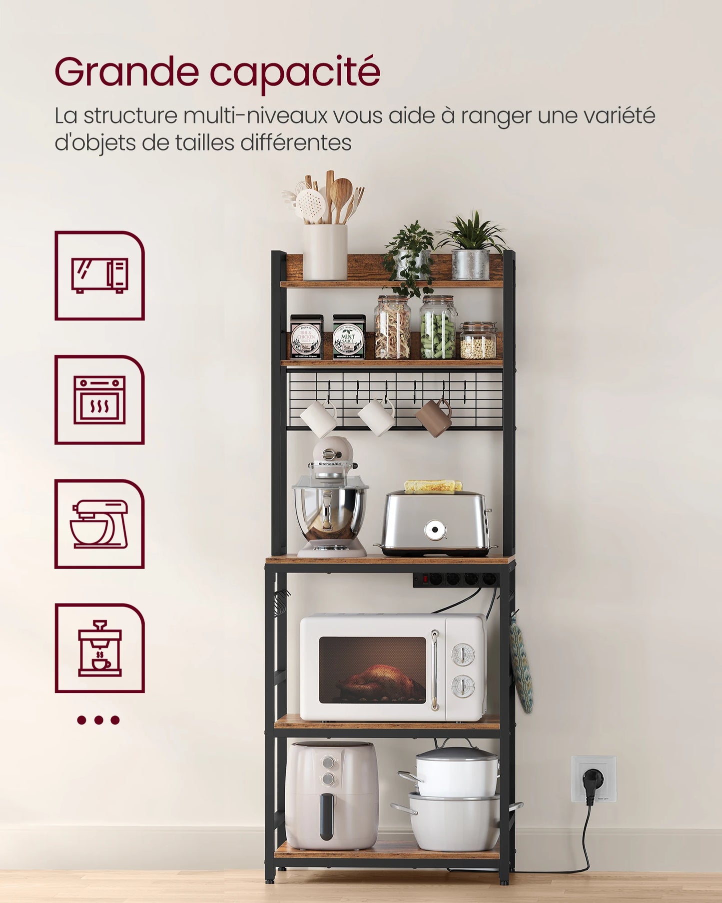 VASAGLE Kitchen-Dining Room Free-Standing Steel Metal Framed Pressed MDF Wood Storage Shelves Microwave Cabinets /Mesh Panel/ 14 Hooks /Colors-Brown/White/Black